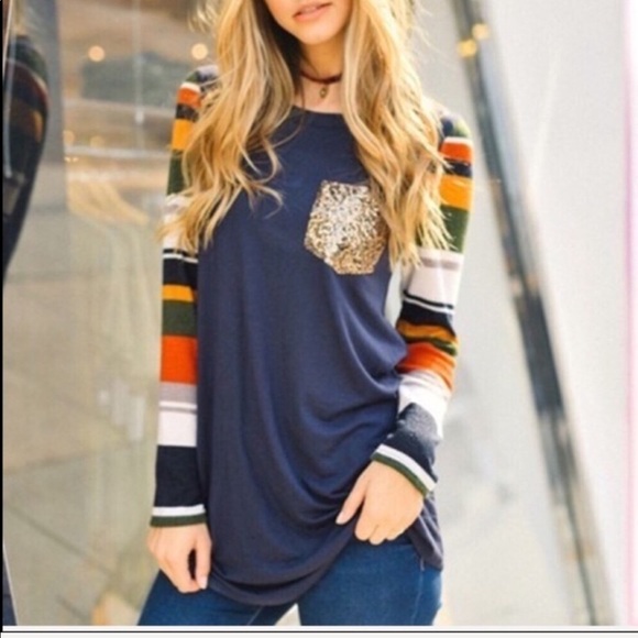 Trindy Clozet Boutique Tops - Plus Size Navy Multicolored Sequined Pocket Tee